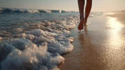 ultra-realistic cinematic tracking shot of a woman walking barefoot on a calm sandy tropical beach, ocean waves softly washing over her feet, golden sunlight, serene and peaceful mood, high detail