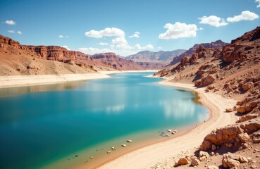 Aerial view of a large reservoir with turquoise water surrounded by rocky desert landscape and distant mountains