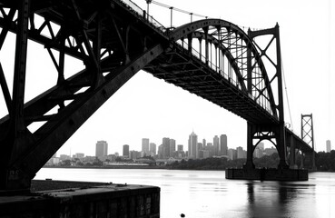 Obraz premium A black and white photograph of a large suspension bridge spanning over a river with a city skyline in the background