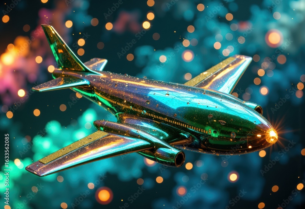 Poster golden airplane model flying through colorful bokeh lights with reflections and shiny surface