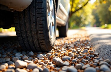 Close-up of a car tire on a gravel road with autumn foliage in the background