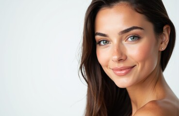 Naklejka premium A woman with clear skin and bright eyes smiling softly at the camera