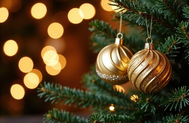 Naklejka premium Golden Christmas ornaments hanging on a decorated tree with warm bokeh lights in the background