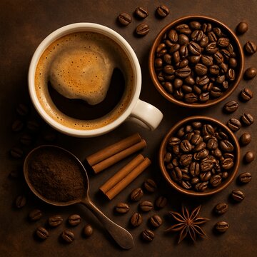 Background with coffee in different types in beans, ground and in a cup.