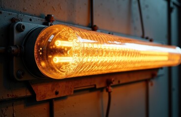 Fototapeta premium Industrial heating element glowing with bright orange light mounted on a wall
