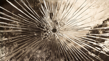 Background image of broken glass with bullet holes.