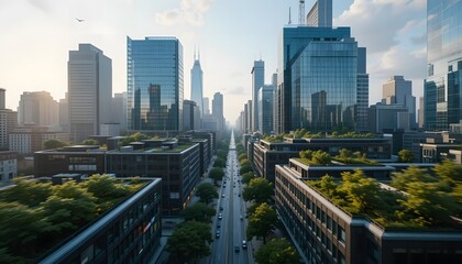 Aerial View of Modern Business District with Office Buildings and Rooftop Gardens