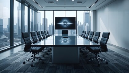 Naklejka premium Empty Corporate Boardroom with City View and Modern Design