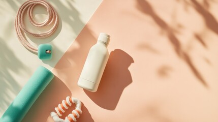 Flat lay of fitness and wellness items.  Pastel-toned,  light and airy,  with  shadows.  Jump rope,  water bottle,  and foam roller featured