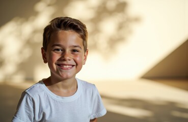 A smiling young boy with short brown hair wearing a white t-shirt outdoors in natural sunlight