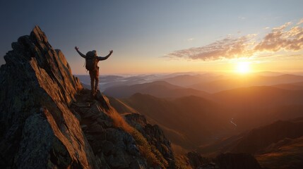 Mountain climber reaching the top of a rocky ridge, raising arms in celebration, golden glow of sunset painting the landscape,