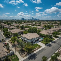 Obraz premium Aerial View of a Suburban Neighborhood with a Distant City Skyline
