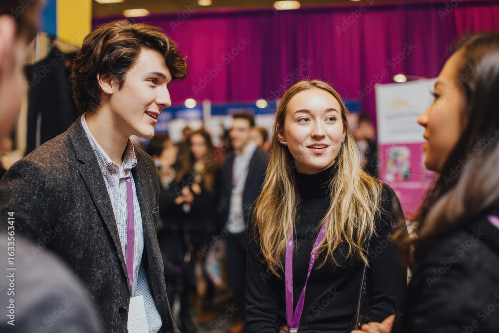 Poster young professionals connect and collaborate at a lively networking event in a vibrant venue during t