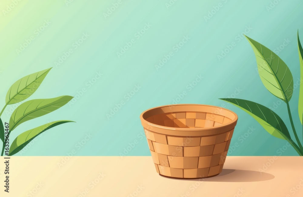 Poster empty wicker basket with green leaves on pastel background creating space for text or design