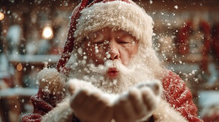 medium shot of traditional Santa Claus in red suit and hat gently blowing snowflakes from cupped hands, snow sparkling in the air, cozy indoor festive setting, cinematic and ultra-realistic