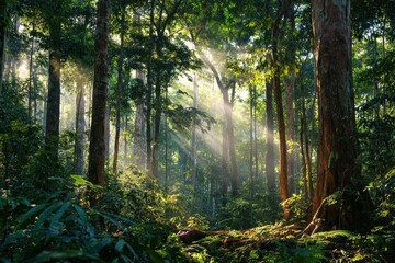 Fototapeta premium Morning sunlight filters through lush trees in a vibrant jungle forest, creating a serene and peaceful atmosphere for a nature walk