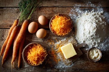 Baking ingredients laid out on a rustic wooden table featuring carrots, eggs, flour, shredded carrot, and butter for a delightful carrot cake preparation