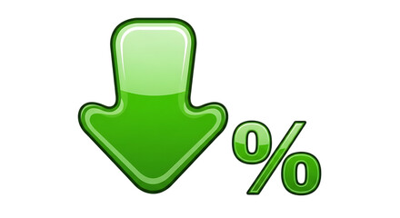 Green downward arrow and percentage symbol indicating a decrease isolated on transparent background