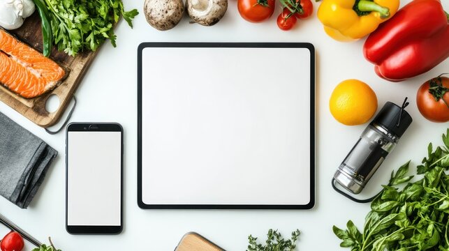 Flat lay of a blank tablet and phone surrounded by fresh produce - Powered by Adobe