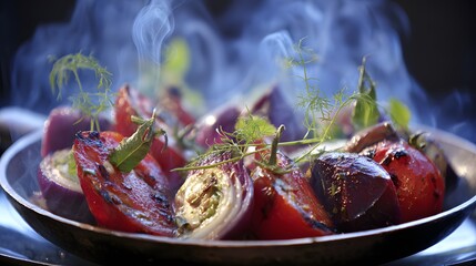 Steaming food in a pan with red and purple vegetables and herbs.