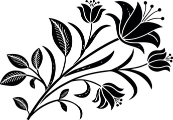 Elegant black and white lily flower silhouette with leaves