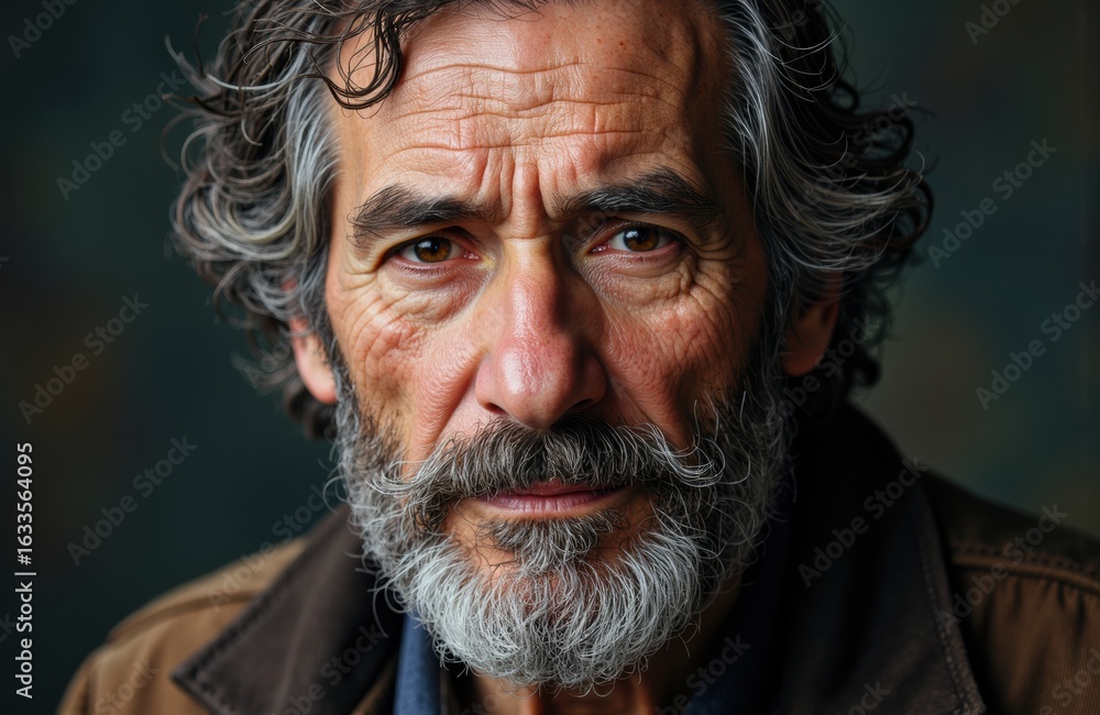 Poster man with gray hair and beard looks directly at camera with intense expression against dark backgroun