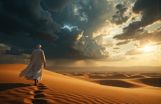 A person walking through desert dunes during a dramatic sunset with storm clouds and lightning in the sky