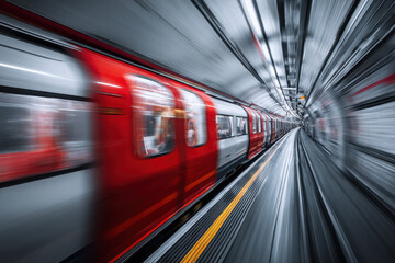 Obraz premium Red tube train speeds through underground tunnel captured from a dynamic perspective, highlighting motion blur and vibrant colors