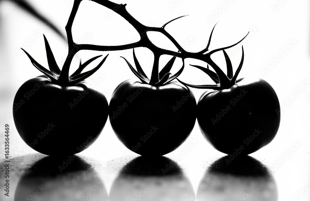 Poster three black tomatoes with leafy stems arranged in a row on a reflective surface creating a high-cont