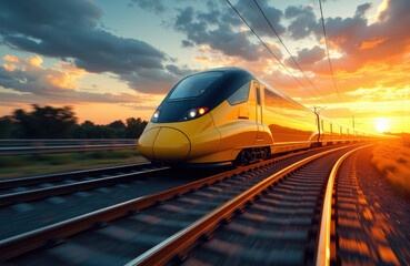 High-speed yellow train moving along railway tracks during sunset