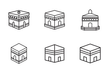 Isometric Kaaba Illustration Set Depicting Islamic Pilgrimage and Religious Symbolism in Black and White Linear Design