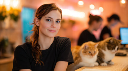 Confident young businesswoman in cozy cat cafe. friendly female owner sits at counter with two fluffy cats. atmosphere warm and inviting for customers and pets
