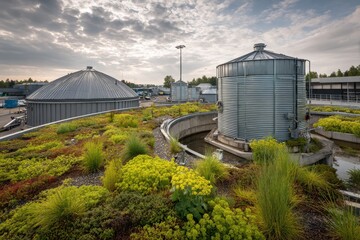Green infrastructure enhances water treatment facility with sustainable landscaping and environmental design in urban setting