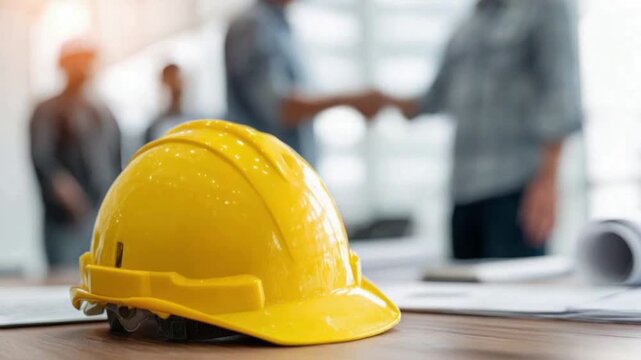 Engineering and Construction: Close-up view of a vibrant yellow hard hat resting on a work surface, suggesting a bustling construction site and symbolizing the dedication of hard-working people