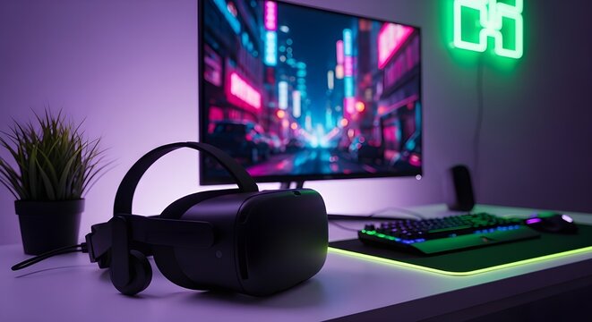 Virtual reality headset on a desk with computer and neon light in room