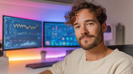 Confident handsome finance trader at his desk in modern home office. young man working on computer with dual monitor setup showing stock market data and technology graphs
