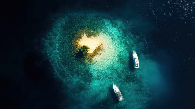 Aerial view of a secluded bay with a small island and two boats - Powered by Adobe