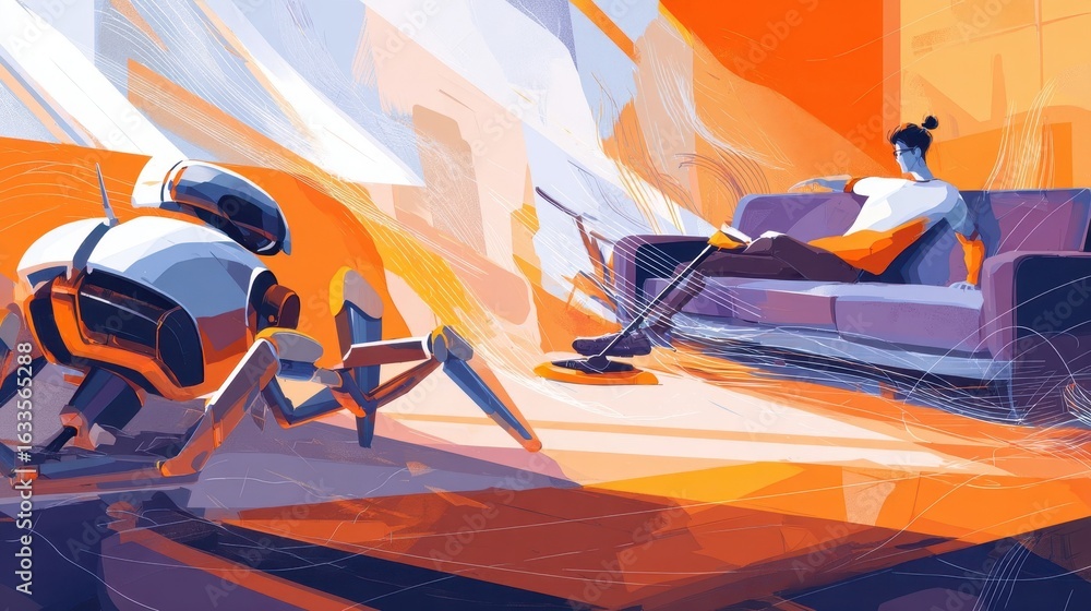 Poster futuristic robot and person relaxing on a couch.