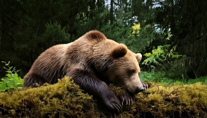 Obraz premium Brown Bear Sleeping in Grassy Field in Forest
