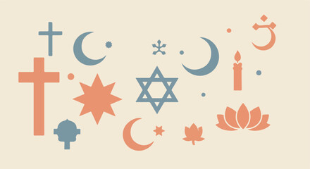 Obraz premium Various spiritual symbols of diverse religions in beige, blue and orange palette