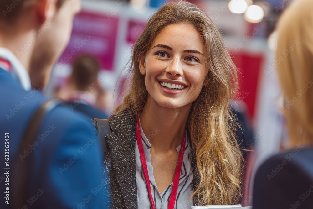 Poster young woman engages confidently with attendees at a trade show while networking and sharing insights