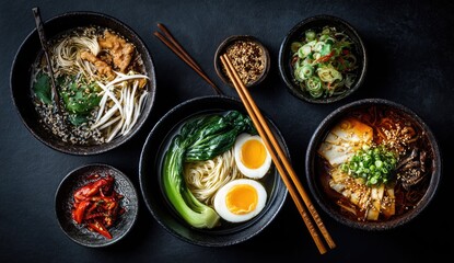 Asian noodle soup bowls, dark background, restaurant food, overhead shot, menu photography