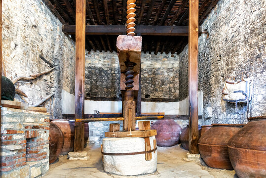 Old historic wine press in the village of Omodos in Cyprus