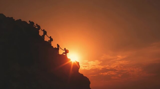 Teamwork to Ascent: A group of people ascend a mountain cliff face during sunset, teamwork silhouette, inspiring the spirit of overcoming challenges.