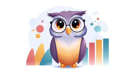 Obraz premium Wise, smart, and nerdy owl cartoon illustration with curious expression. character represents business, finance, and data analysis, standing before colorful graph