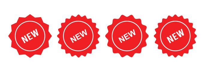 Red new arrival badge icon set. NEW feature or product badge flat icon for apps and websites. Ideal for use in e-commerce sites, product tags, or digital promotions. Starburst label icons. 