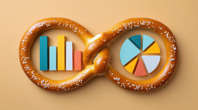 Optimistic business growth concept with pretzel as an infinity symbol holding bar chart and pie chart, representing creative data analysis and marketing strategy
