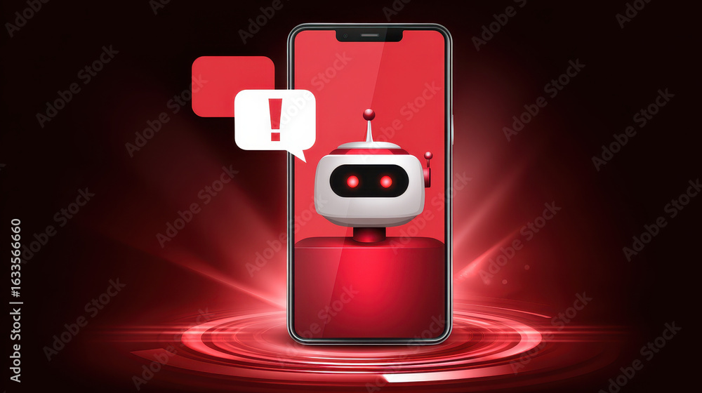 Aufkleber concerned bot scammer on smartphone screen. chatbot warns of phishing scam. security alert about onl