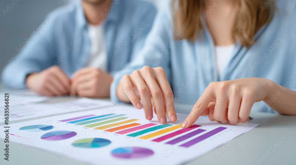 Poster focused business people analyzing colorful chart. man and woman at desk discuss project data and gra