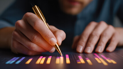 Focused person hand holding pen while writing on glowing digital chart. This concept represents data analysis, business strategy, and modern technology on screen